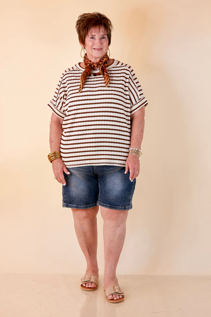 On The Daily Scoop Neck Short Sleeve Striped Textured Top in Chocolate Brown