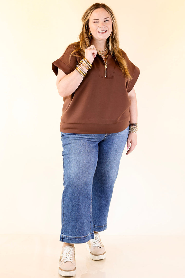 Top Priority Half Zip Collared Scuba Top in Chocolate Brown