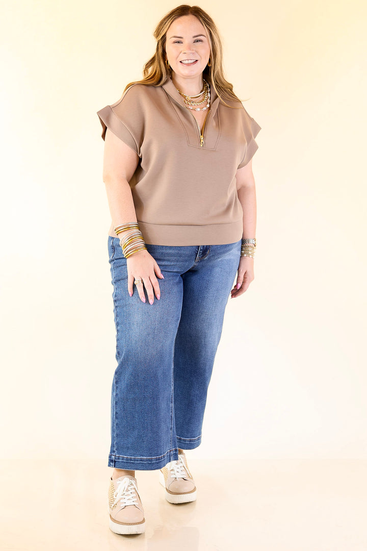 Top Priority Half Zip Collared Scuba Top in Light Taupe