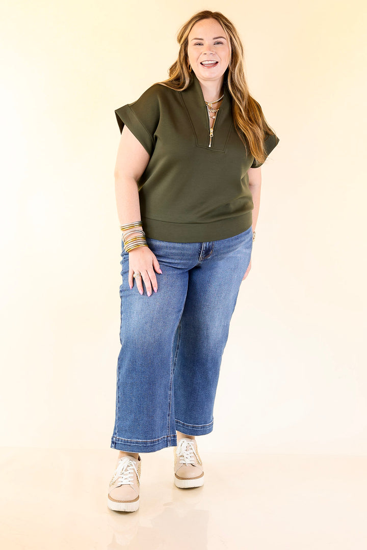 Top Priority Half Zip Collared Scuba Top in Olive Green