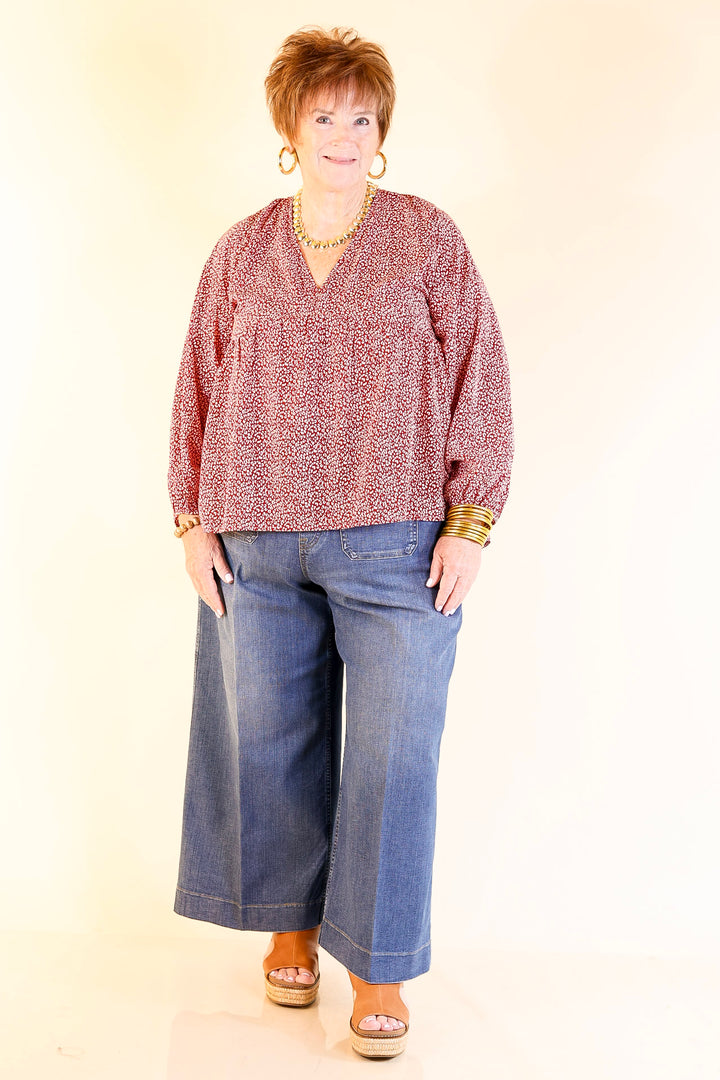Really Dreamy Small Leopard Print Babydoll Top with Long Sleeves in Burgundy Red
