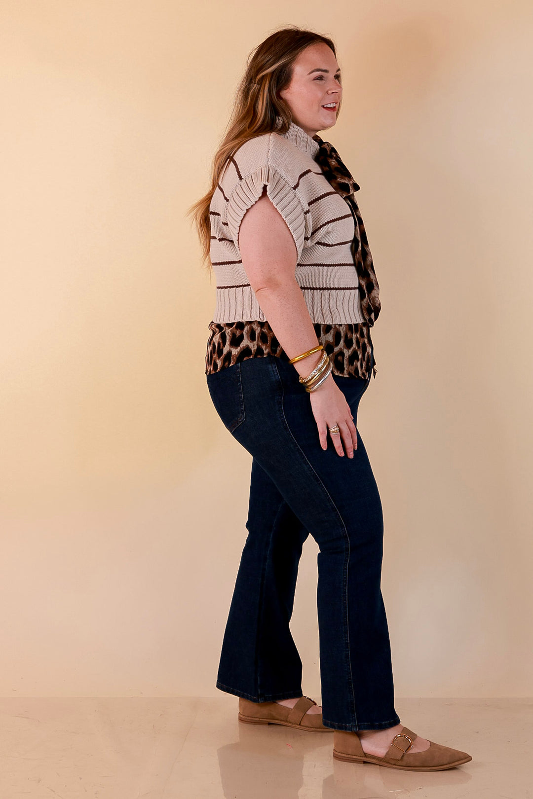 Sweet in Stripes Short Sleeve Striped Mock Neck Sweater in Sand Beige