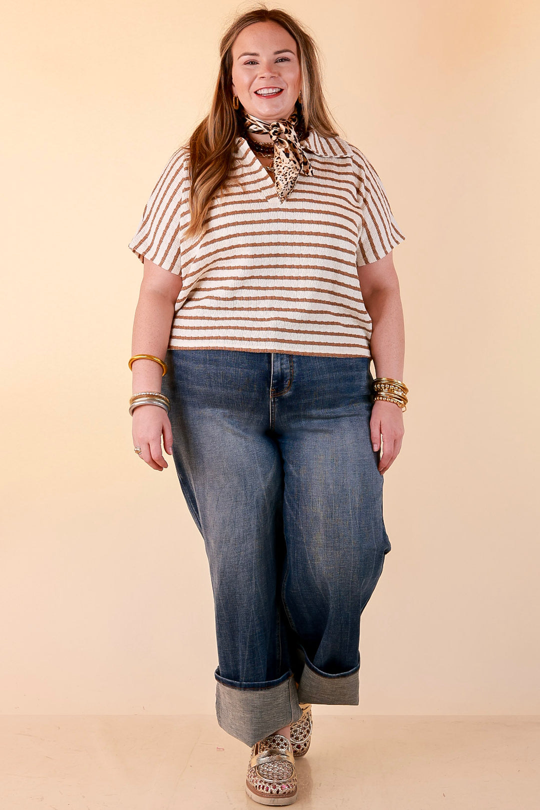 Simply Said Striped Drop Shoulder Collared Cropped Top in Ivory with Camel Brown Stripes