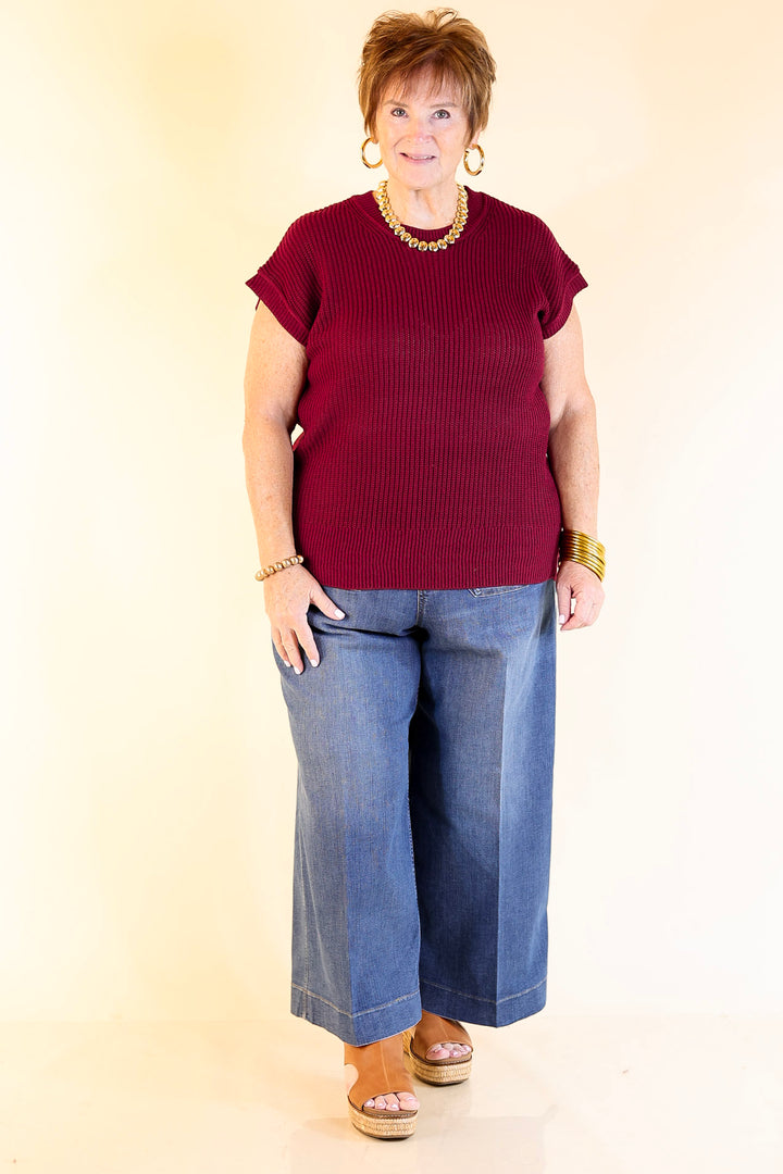 Style Refresh Drop Shoulder Short Sleeve Knit Sweater Top in Maroon
