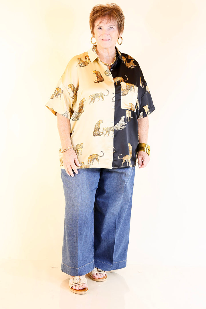 All Eyes On Me Button Up Cheetah Print Blouse Top in Black and Gold
