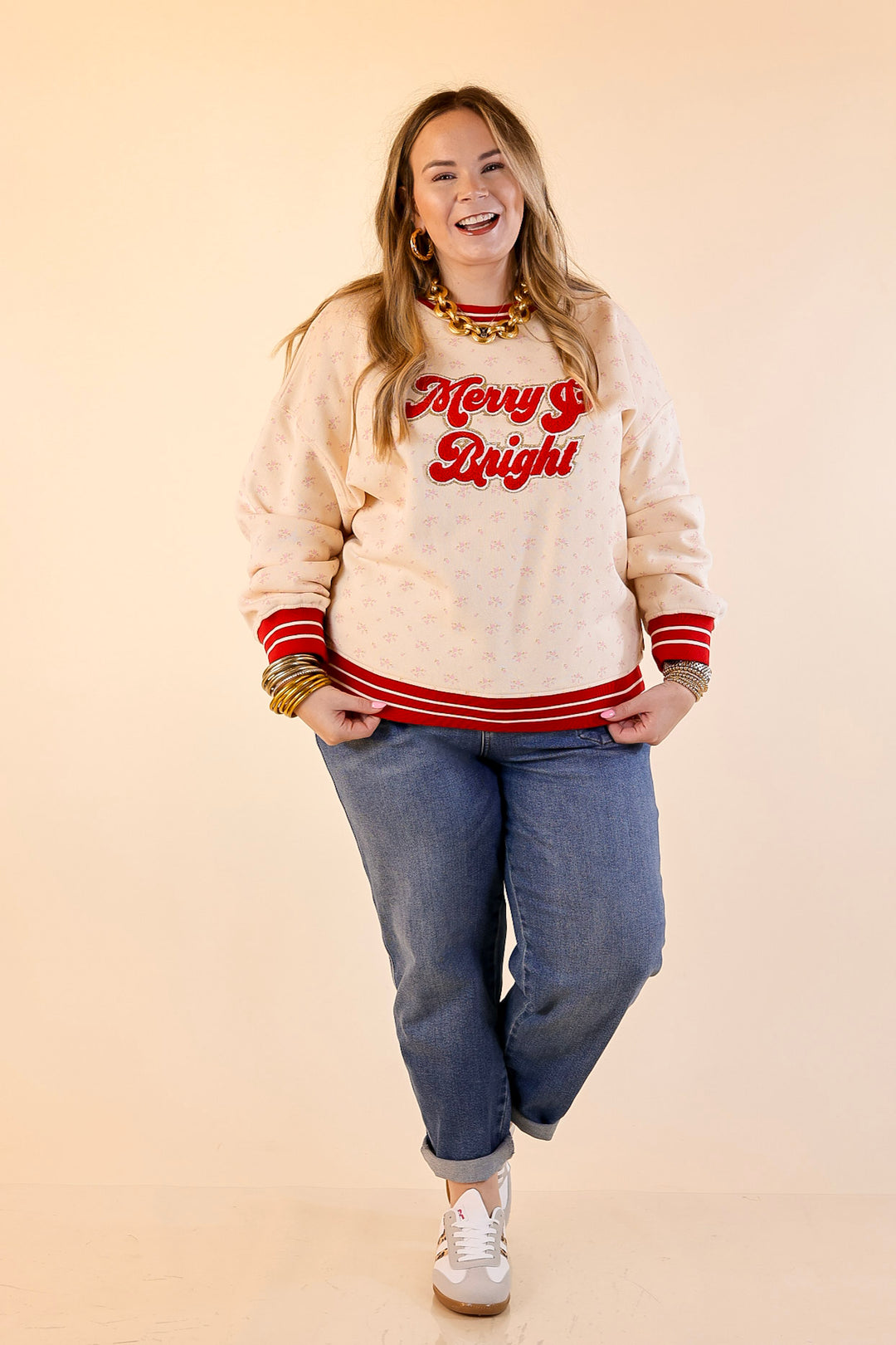 Simply Southern | Holiday Cheer Club Merry & Bright Floral Varsity Sweatshirt in Ivory