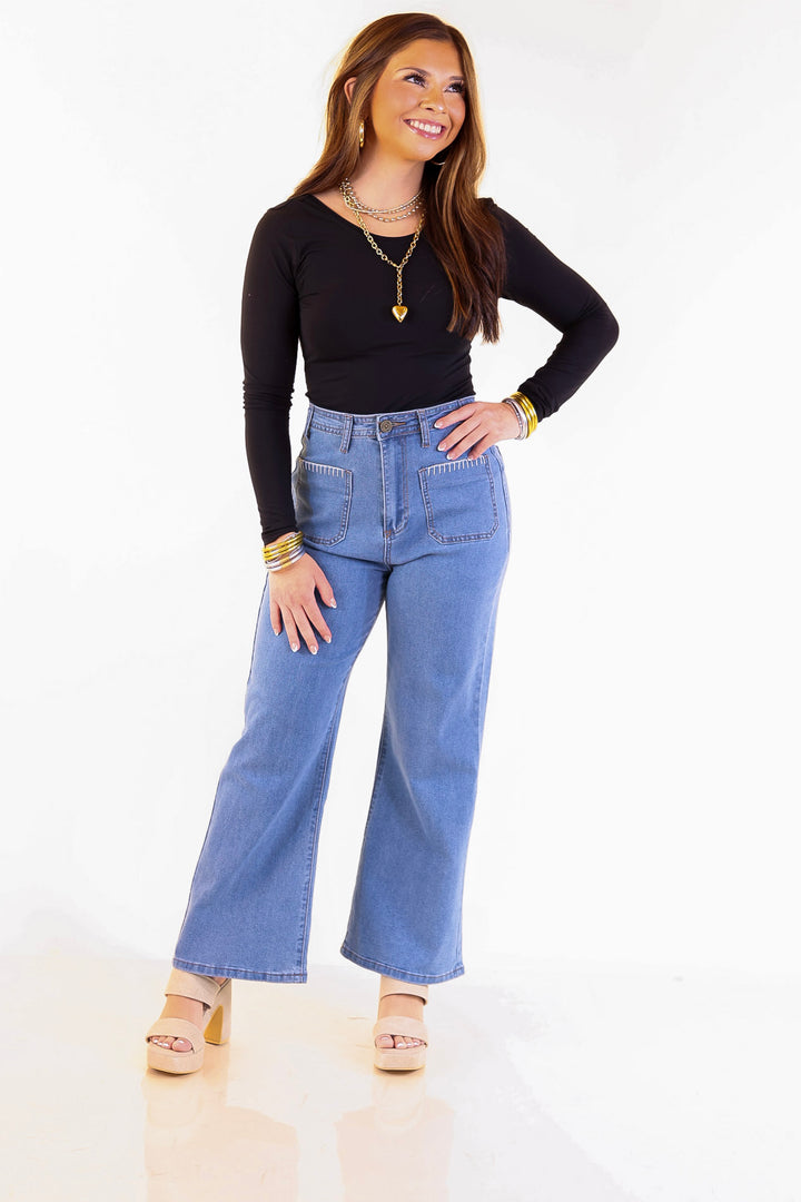 Patch Me In Denim Wide Leg Cropped Jean with Front Patch Pocket and Crochet Trim in Medium Wash