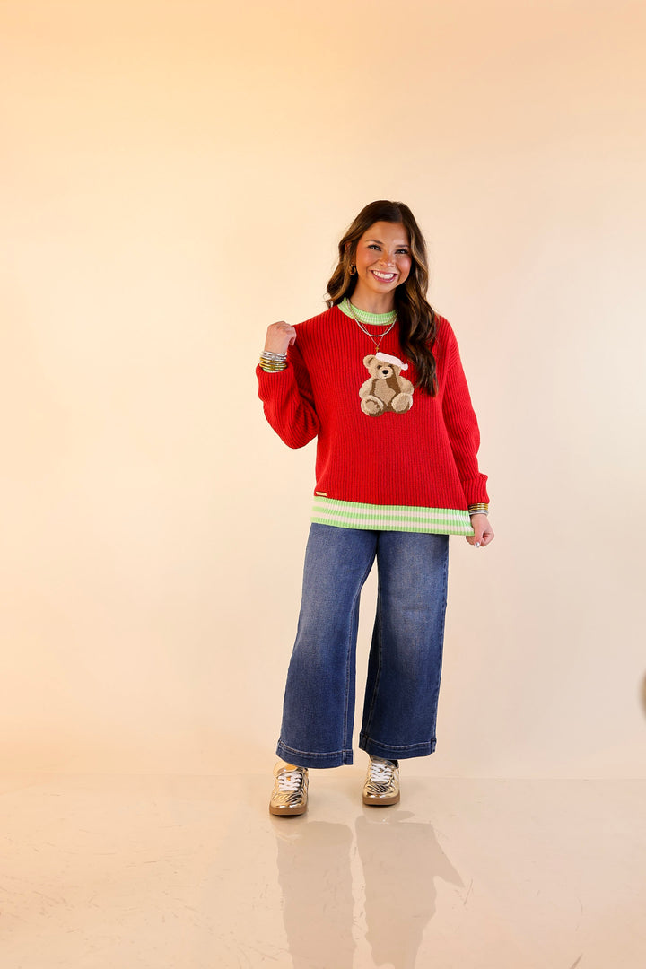 Simply Southern | Beary Merry Crewneck Sweater with Teddy Bear Graphic and Green Trim in Red