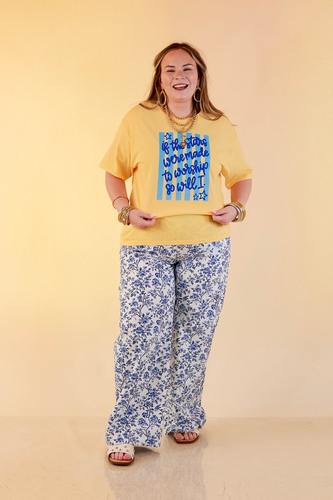 If The Stars Were Made to Worship So Will I Stripe Print Short Sleeve Graphic Tee in Butter Yellow