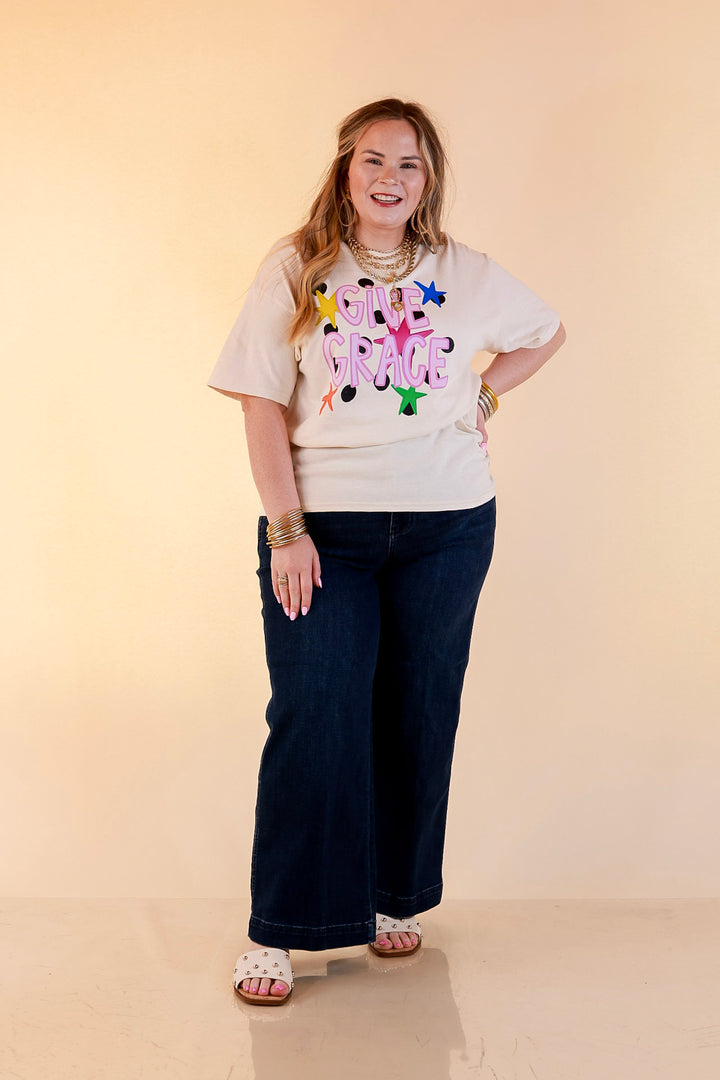 Grace Upon Grace "Give Grace" Distressed Polka Dot and Star Print Short Sleeve Graphic Tee in Natural
