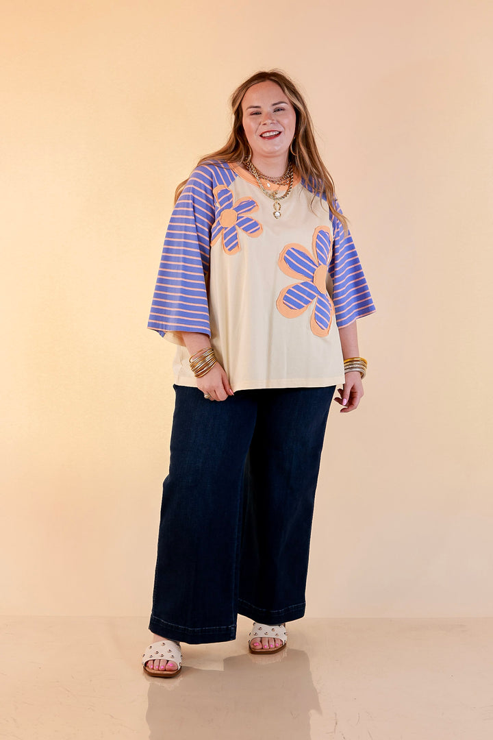 Bloom in Color Floral and Stripe Print Relaxed Short Sleeve Top with Contrast Sleeves in Cream