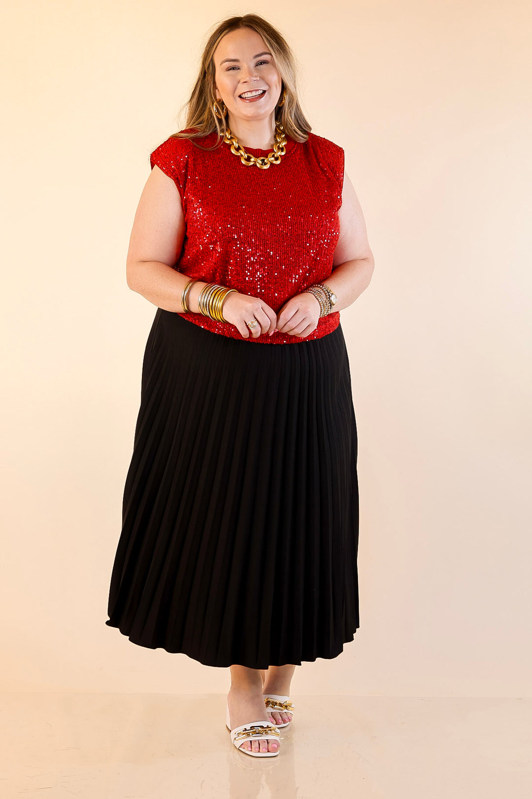 Sequin Sleek Sleeveless Dressy Sequin Top in Red