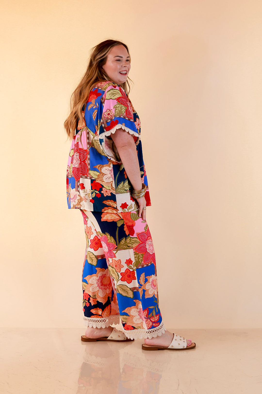 Patchwork Flair Floral Patchwork Print Wide Leg Pants with Lace Trim in Blue Mix