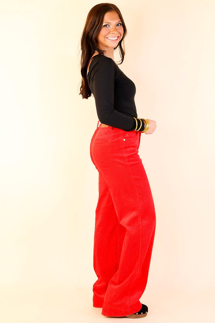 Last Chance Size 0, 1, 11, 13, 15, 14W-24W | Judy Blue | Strut in Style Wide Leg Corduroy Trouser in Ruby Red