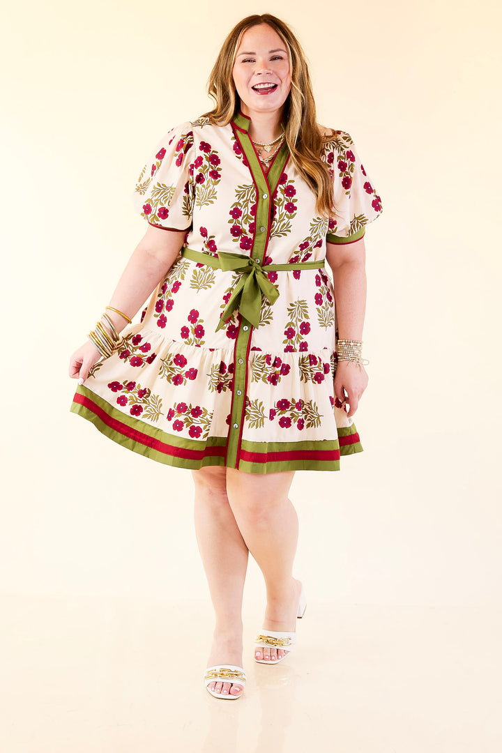 Garden Party Floral Dress with Dropped Skirt and Olive and Maroon Trim in Cream