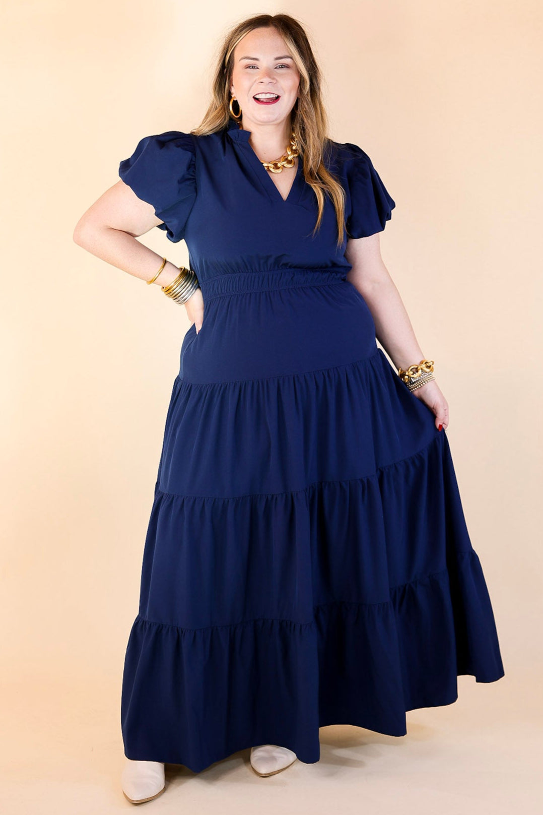 Table for Two Tiered Maxi Dress with Puff Sleeves in Navy Blue