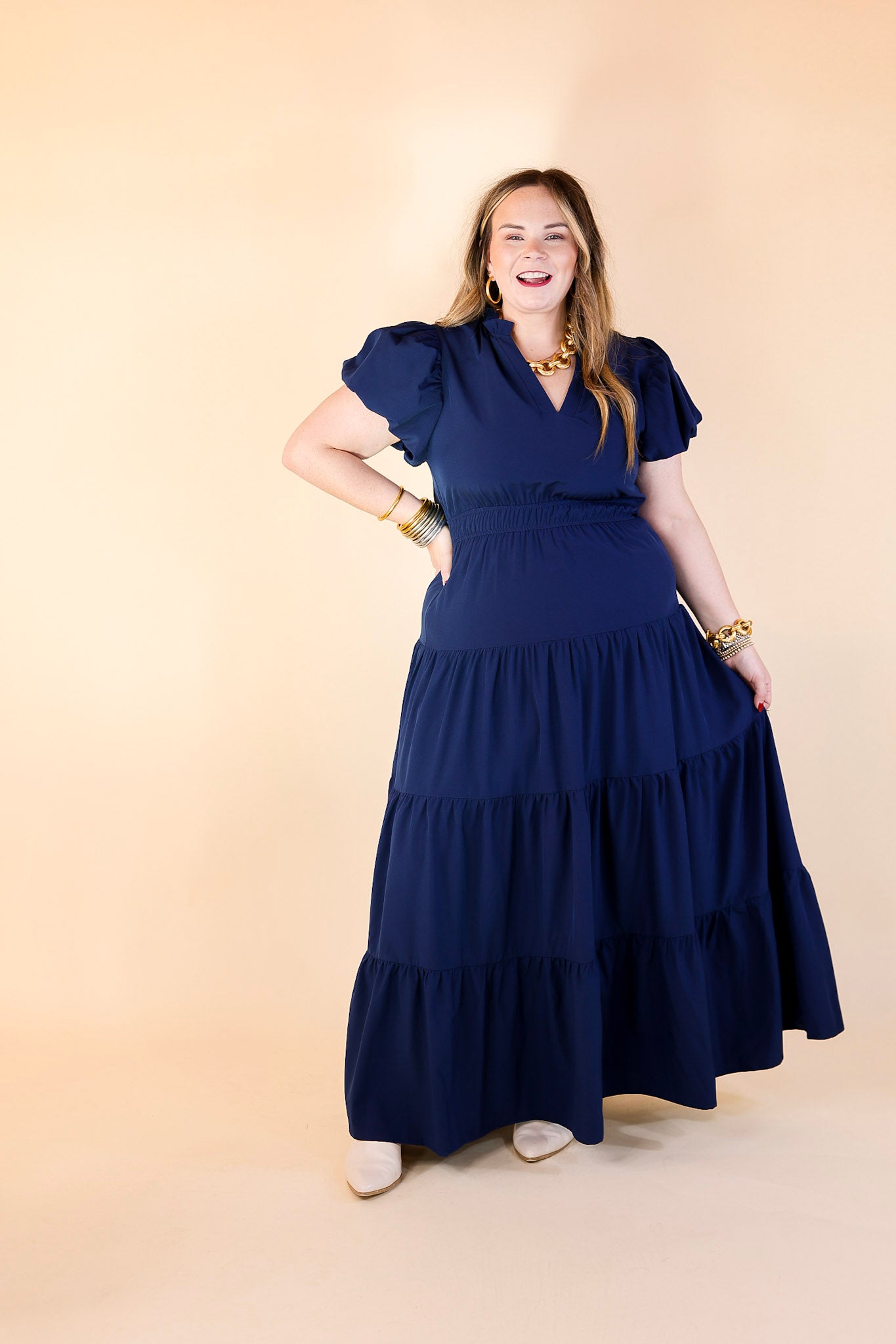 Table for Two Tiered Maxi Dress with Puff Sleeves in Navy Blue