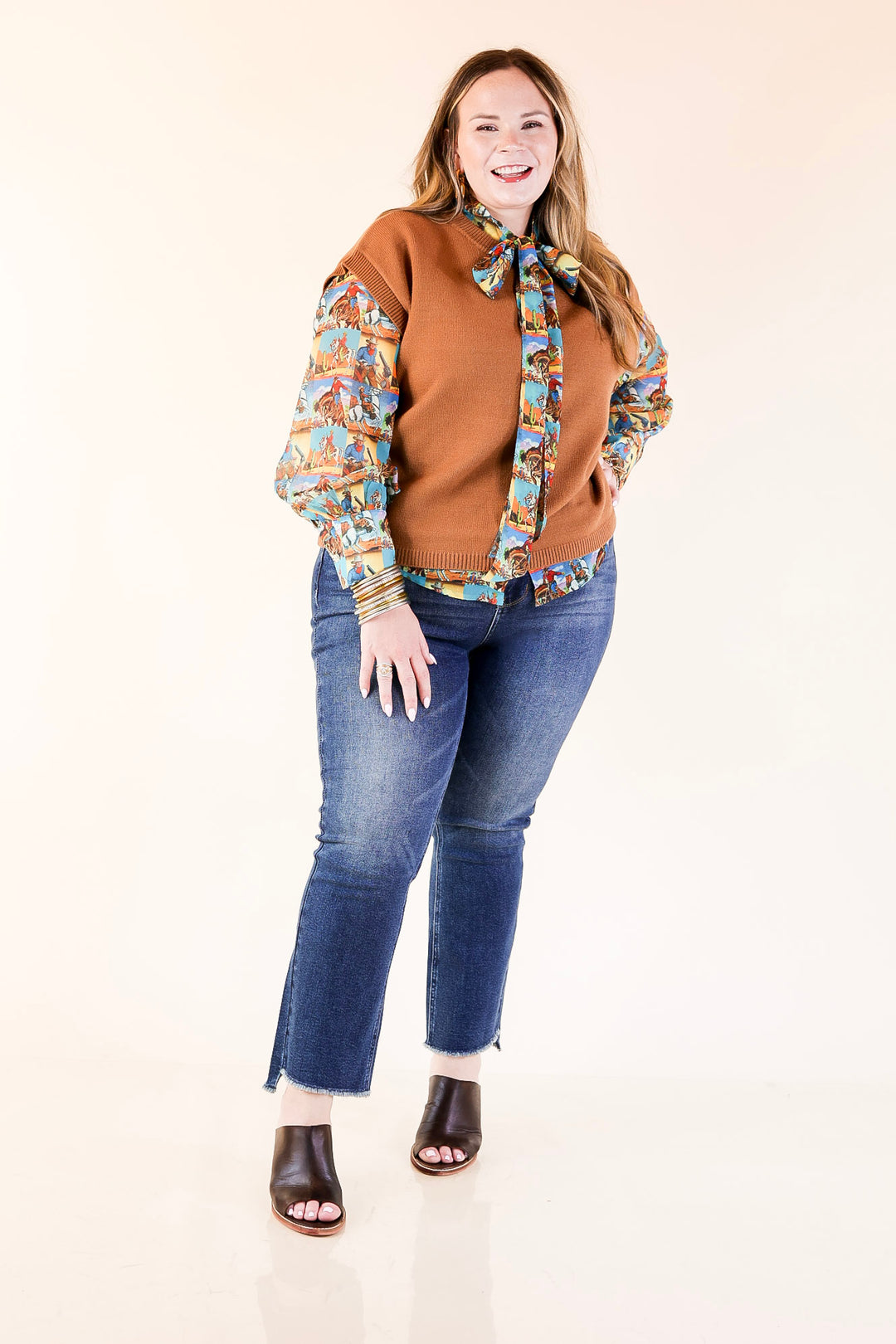 Wild at Heart Bowtie Button Up Collared Mesh Blouse Top with Cowboy Pop Art Print in Blue