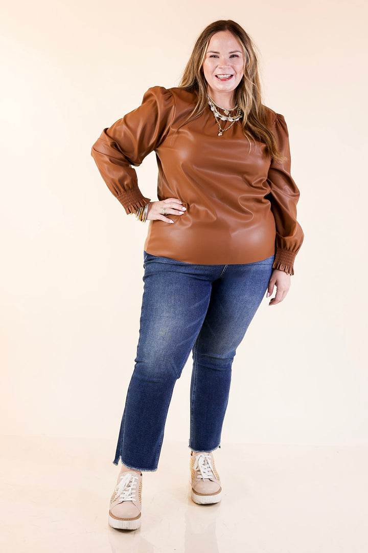 Mud Pie | Putnam Faux Leather Long Sleeve Top with Smocked Cuffs in Tan Brown