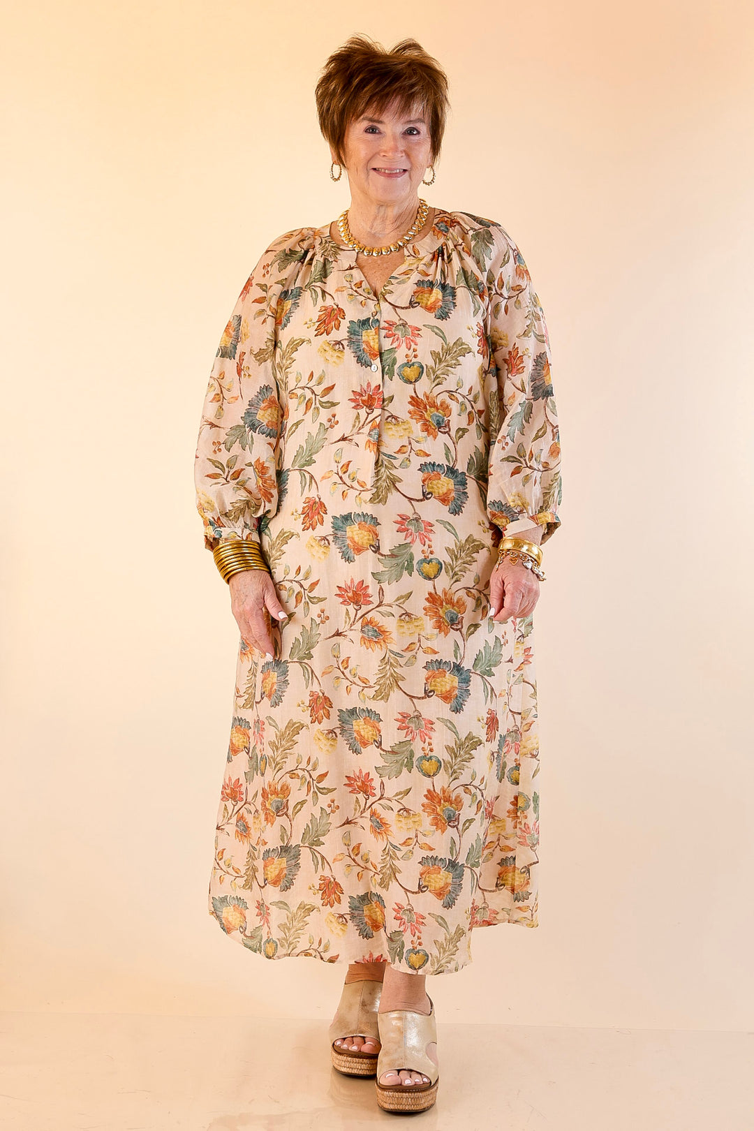Charming Impression Floral Print Maxi Dress with Long Sleeves in Cream, Olive, Teal and Rust