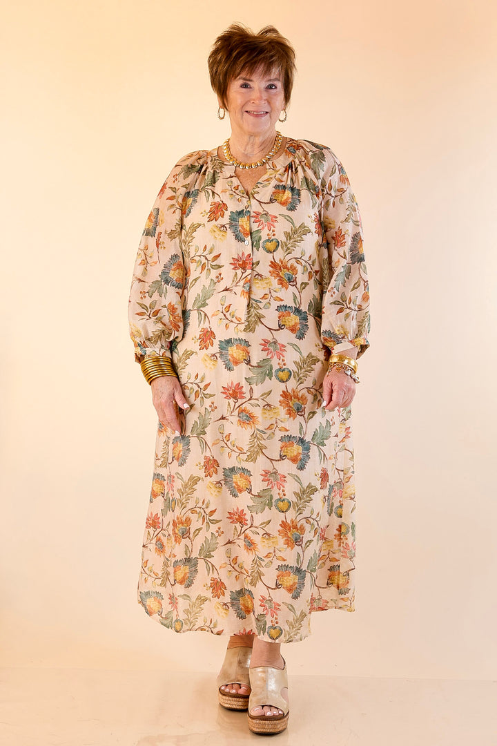 Charming Impression Floral Print Maxi Dress with Long Sleeves in Cream, Olive, Teal and Rust