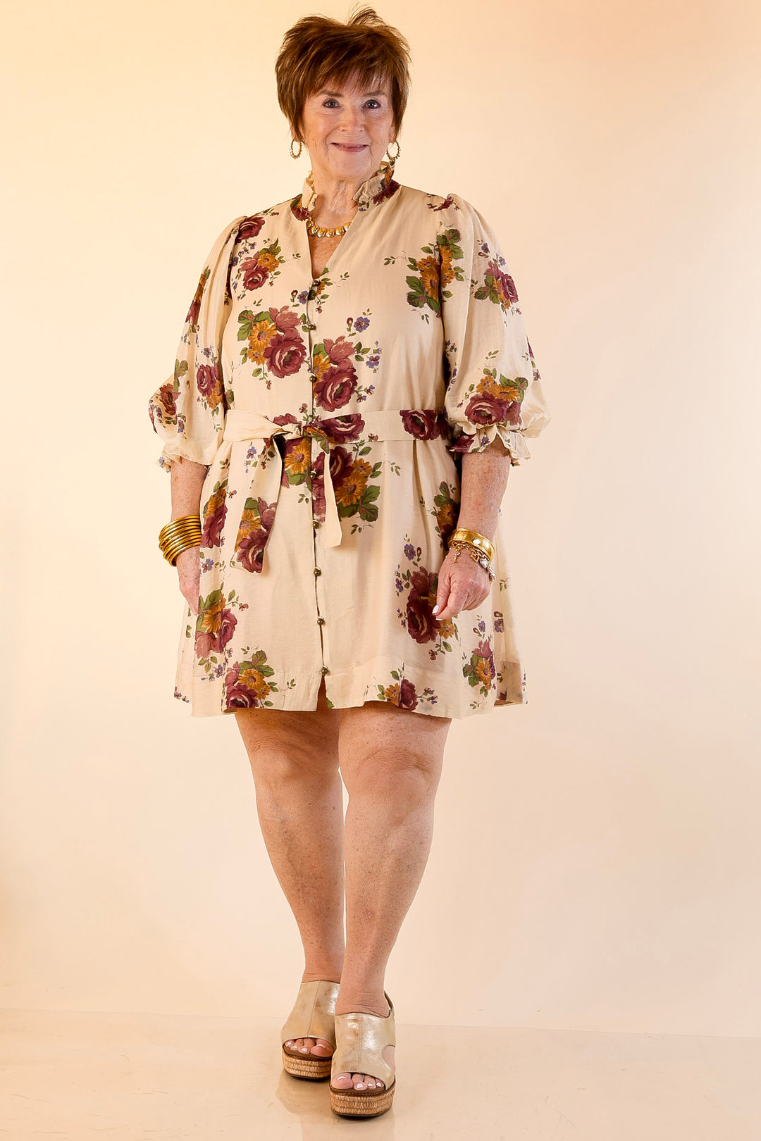 Garden Stroll Floral Dress with A-Line Skirt and and Belt in Vanilla Cream