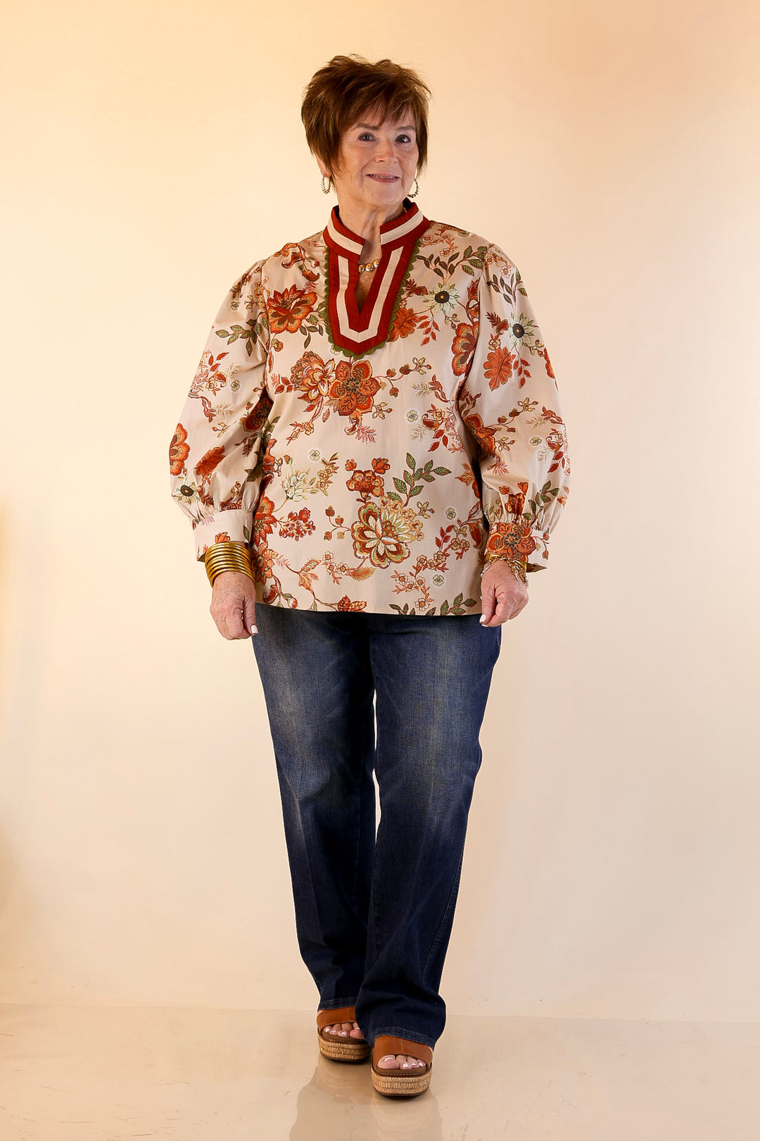 Autumn Allure Floral Long Sleeve Top with Contrast Trim in Rust Orange