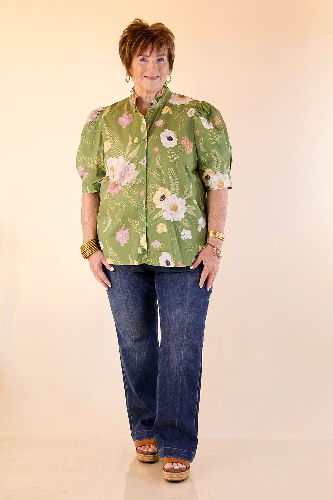 First Glance Button Up Puff Sleeve Floral Print Top in Olive Green