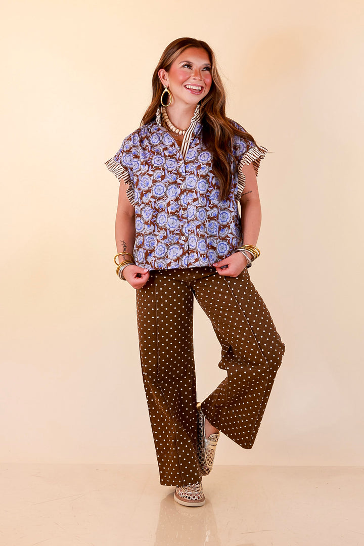 Effortless Grace Floral Print Flutter Stripe Sleeve and Ruffle Collar Detailing Blouse in Brown and Periwinkle Blue