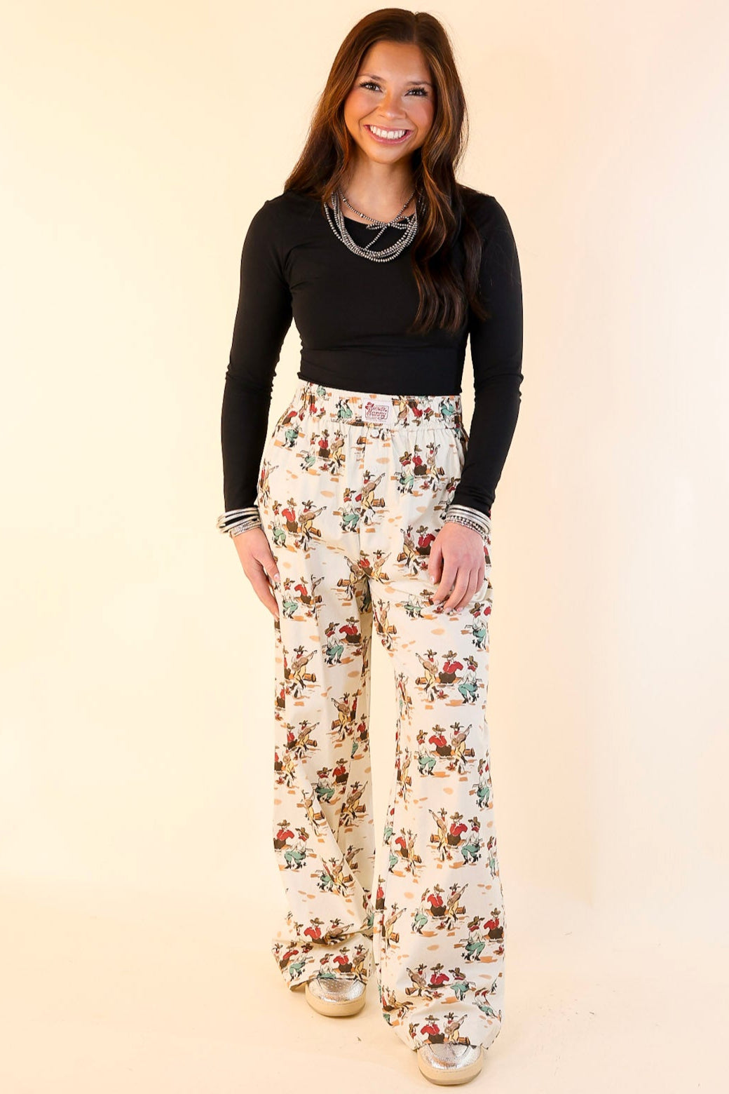 Newest Trend Cowboy Print Cotton Pants with Elastic Waistband in Ivory