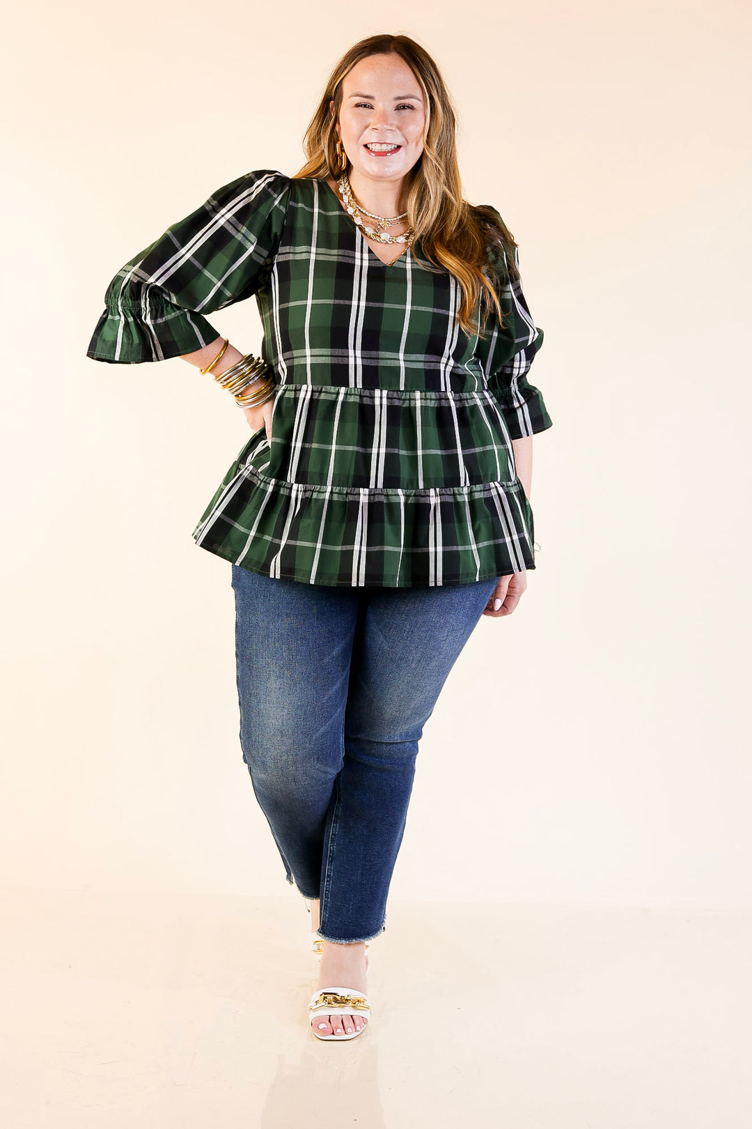 Mud Pie | Ashford Plaid Babydoll Top with Ruffle Hem and 3/4 Balloon Sleeves in Green