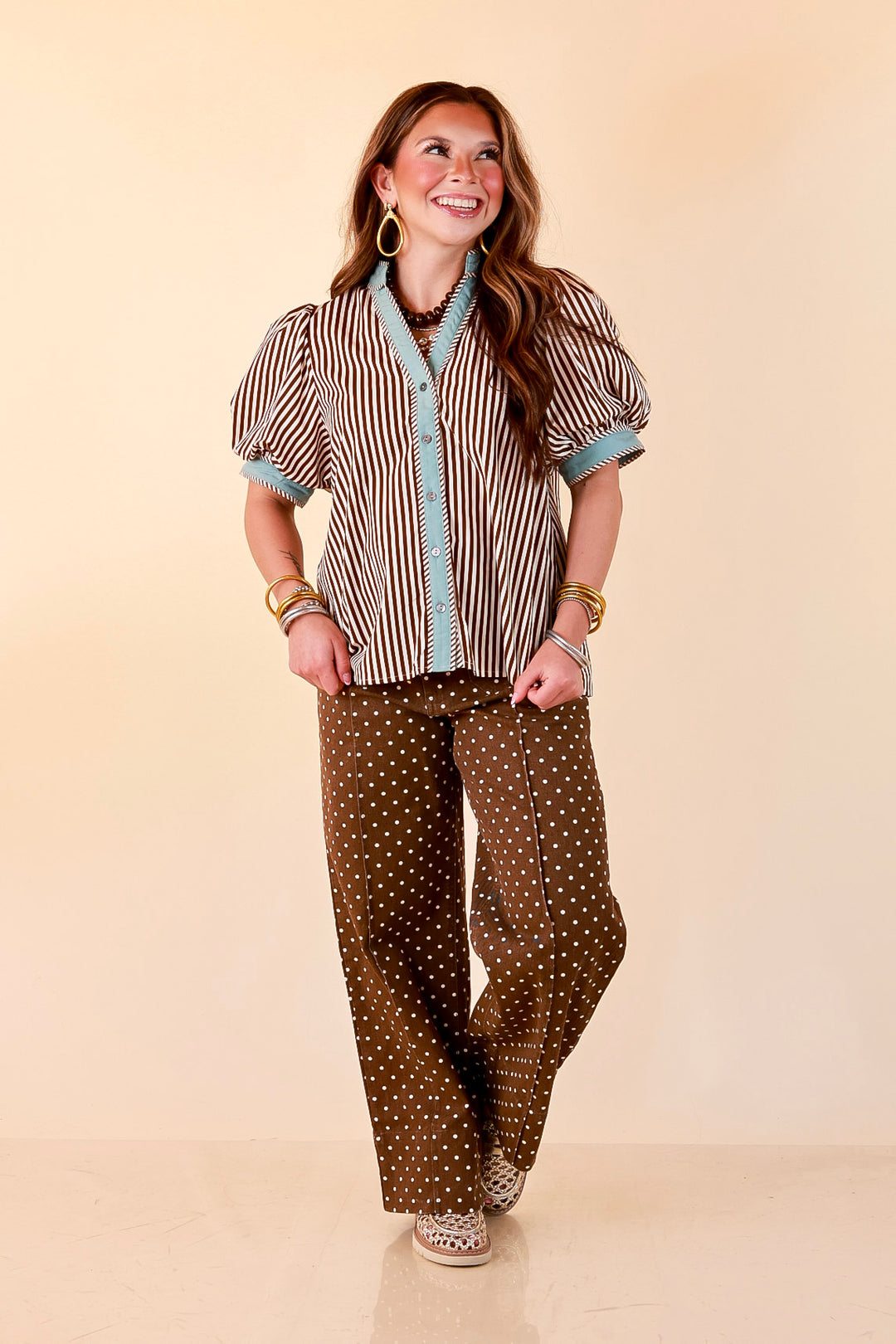 Pop of Polish Short Puff Sleeve Button Front Top with Contrast Trim in White, Chocolate Brown and Blue