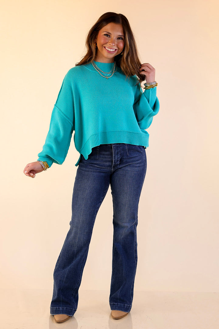 Fireside Fit Cropped Long Sleeve Mock Neck Sweater in Turquoise Blue