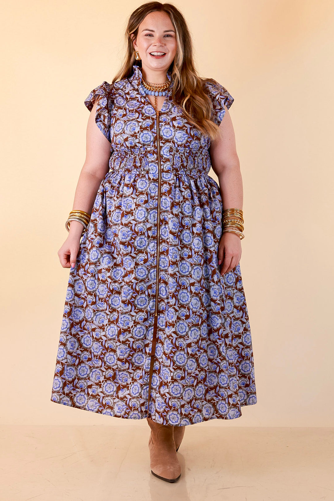 Modern Grace Zip Front Midi Floral Print Dress with Smocked Waist and Short Flutter Sleeves in Brown and Periwinkle Blue