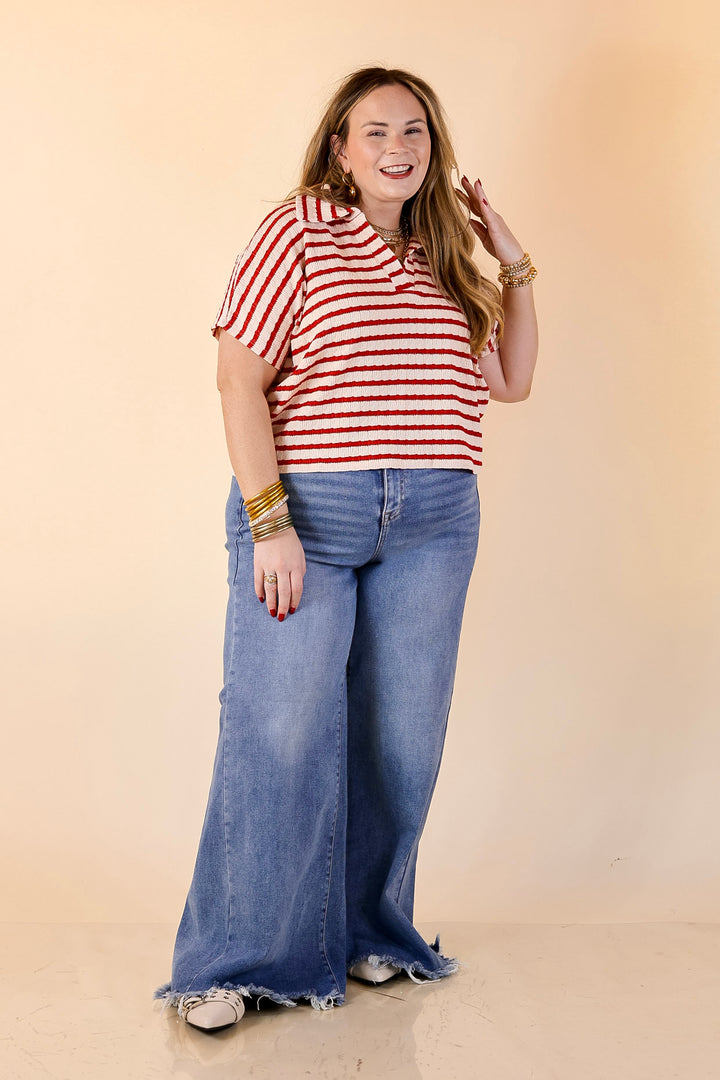 Simply Said Striped Drop Shoulder Collared Cropped Top in Ivory with Red Stripes