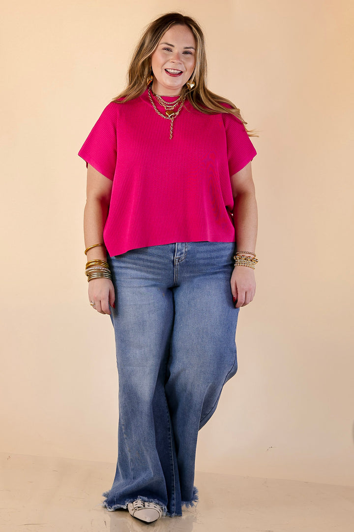 Never Out of Style Short Sleeve Mock Neck Top in Hot Pink