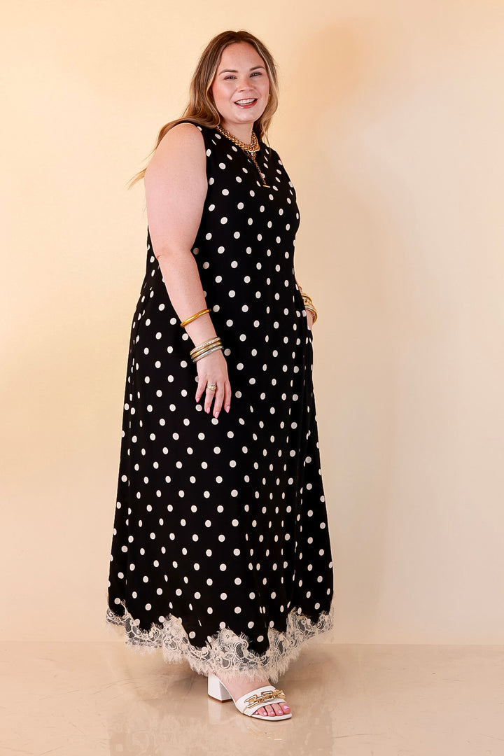 Sweet Little Something Polka Dot Sleeveless Maxi Dress with Lace Trim in Black