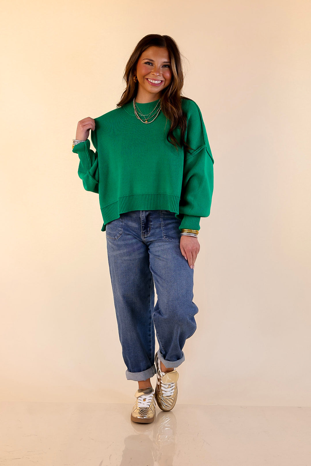 Fireside Fit Cropped Long Sleeve Mock Neck Sweater in Kelly Green