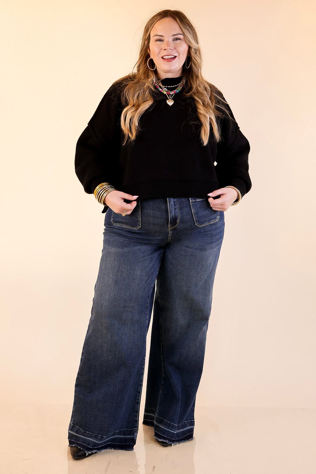 Fireside Fit Cropped Long Sleeve Mock Neck Sweater in Black