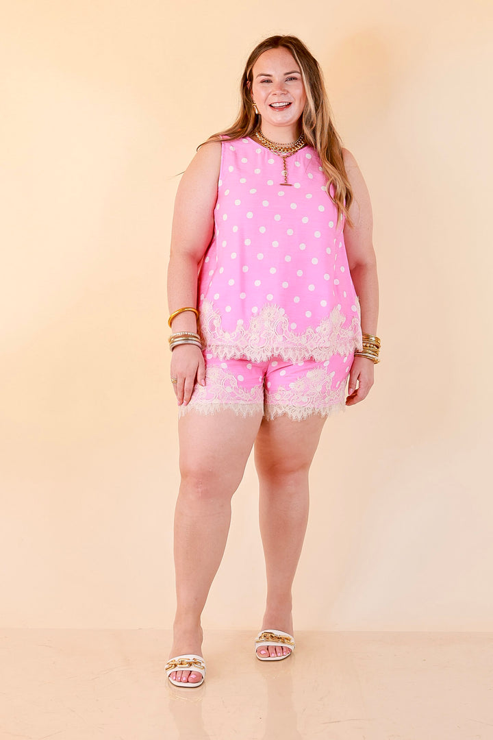 Pretty Little Something Polka Dot Sleeveless Tank Top with Lace Trim Detailing in Pink