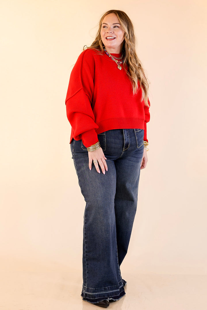 Fireside Fit Cropped Long Sleeve Mock Neck Sweater in Red