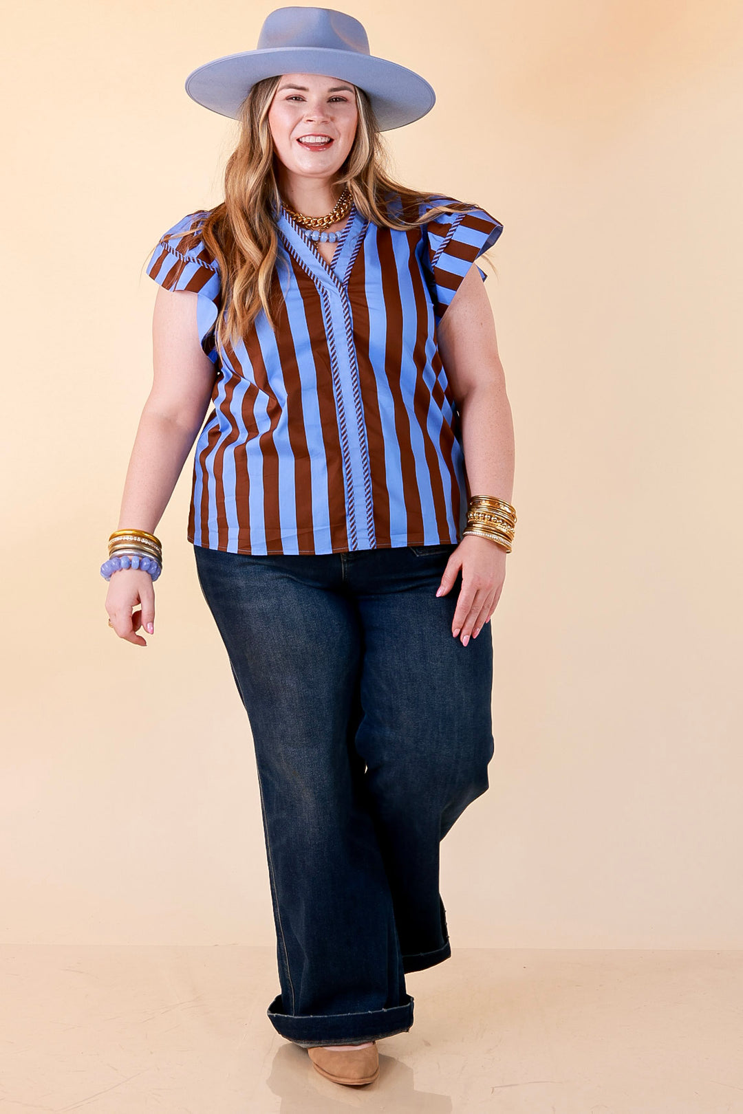 Simply Refined Striped Short Ruffle Sleeve Split Neck Stripe Top in Periwinkle Blue and Chocolate Brown