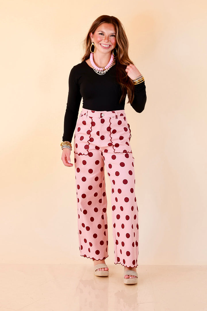 Polished Play Polka Dot Print Wide Leg Denim Pants with Scallop Detailing in Blush Pink and Maroon