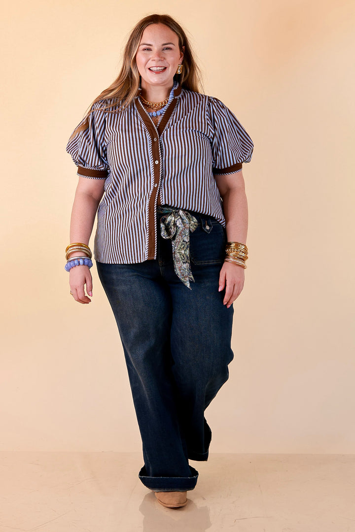 Pop of Polish Short Puff Sleeve Button Front Top with Contrast Trim in Blue and Brown