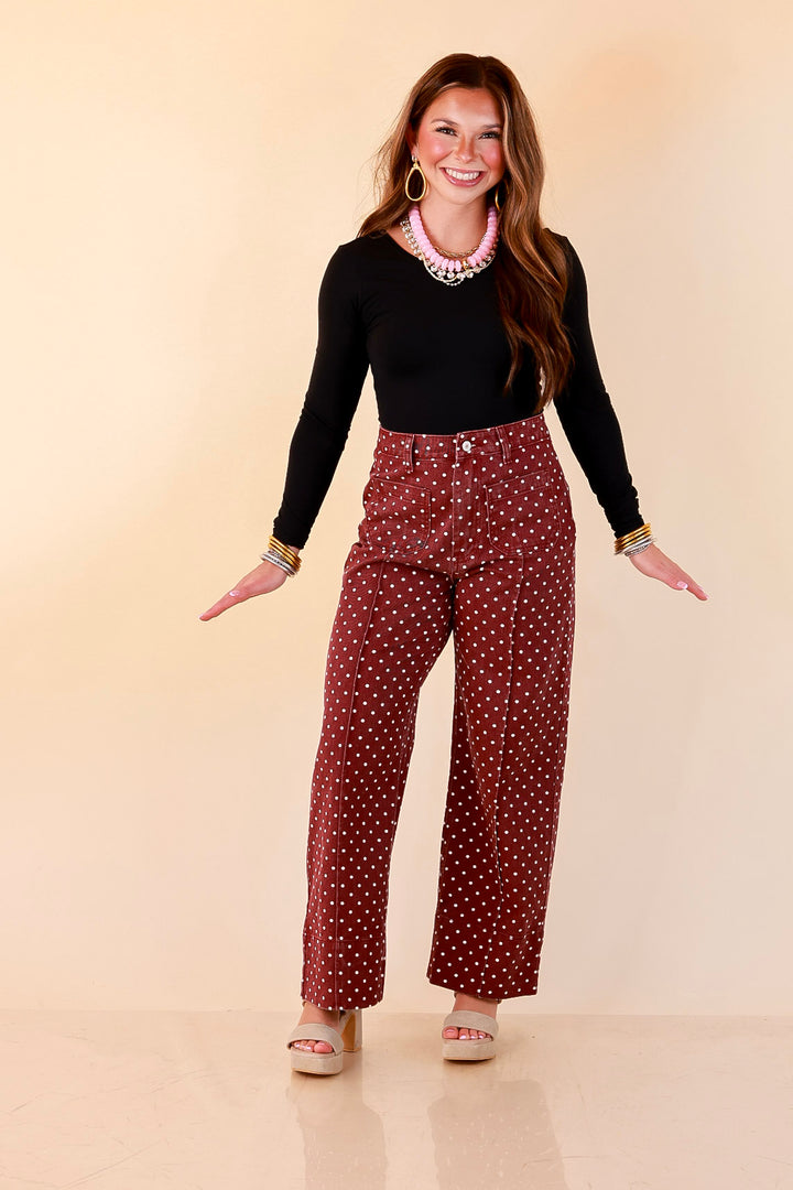 Rosy Outlook Polka Dot Print Wide Leg Denim Pants with Front Seam and Pockets in Maroon