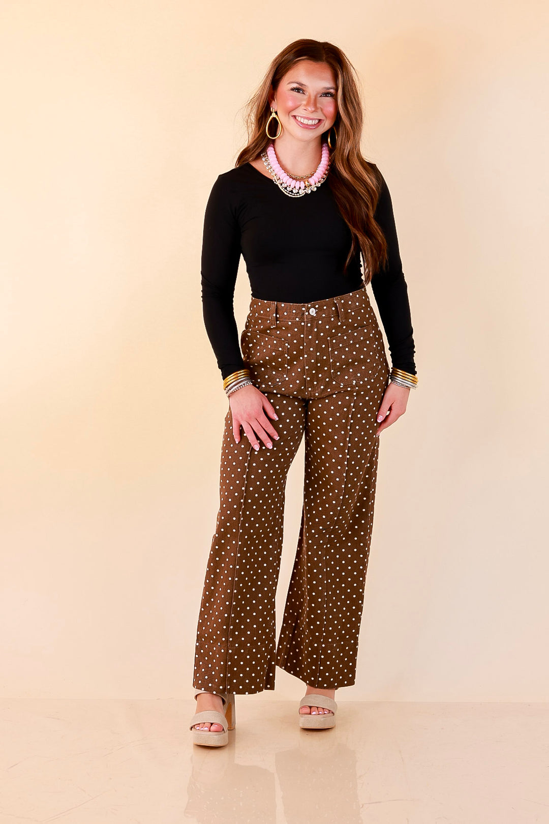 Rosy Outlook Polka Dot Print Wide Leg Denim Pants with Front Seam and Pockets in Chocolate Brown