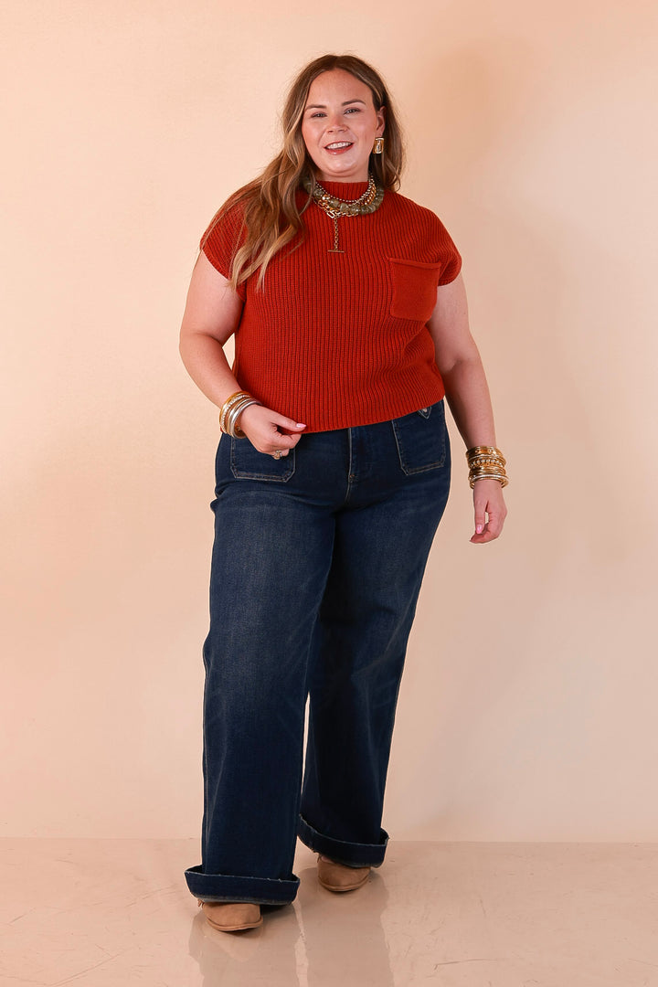 Repeat Worthy Cap Sleeve Cropped Sweater with Front Pocket in Rust Orange