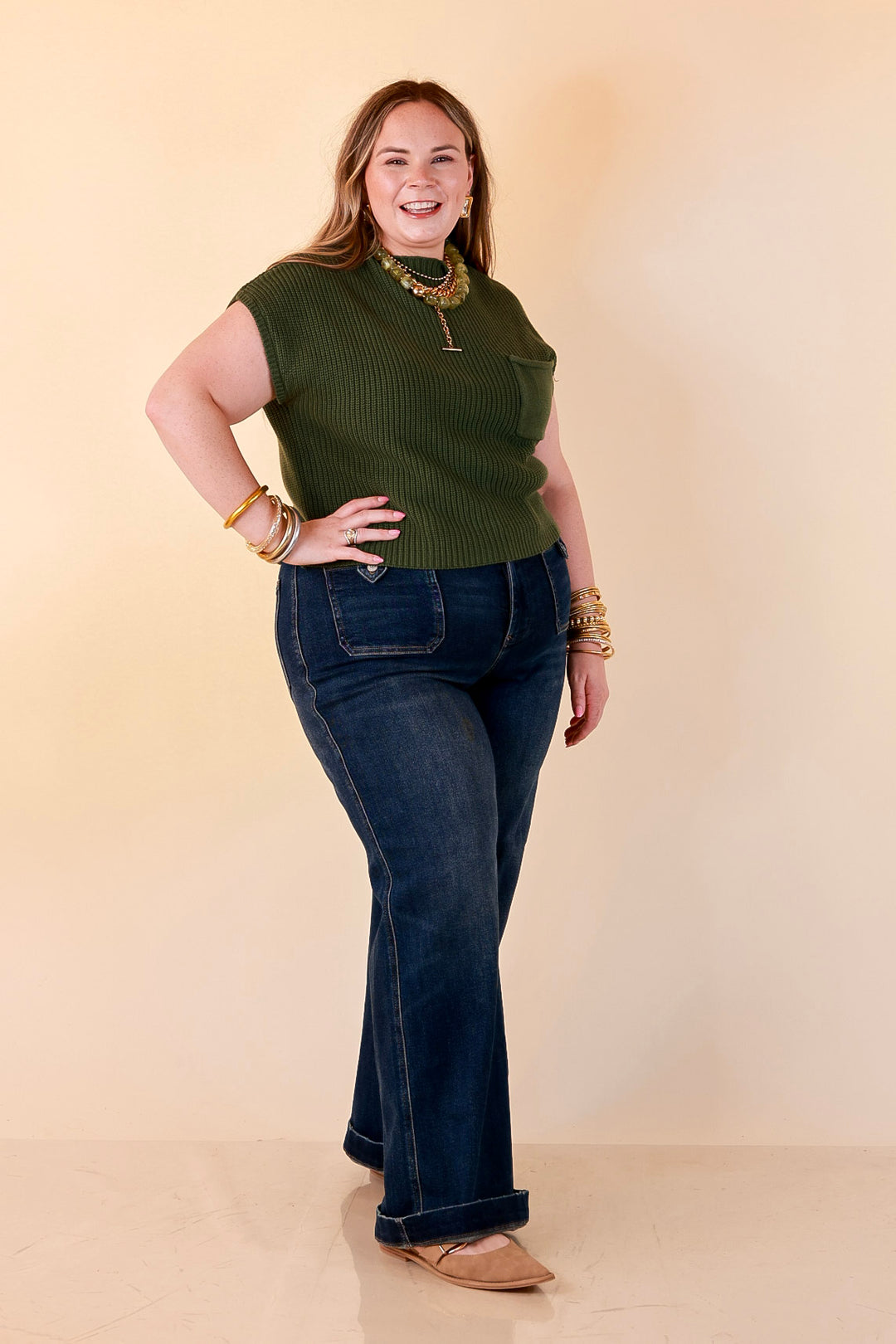 Repeat Worthy Cap Sleeve Cropped Sweater with Front Pocket in Olive Green