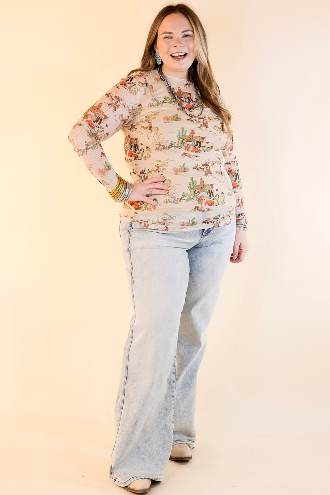 Western Dream Mesh Long Sleeve Top with Retro Western Print in Tan