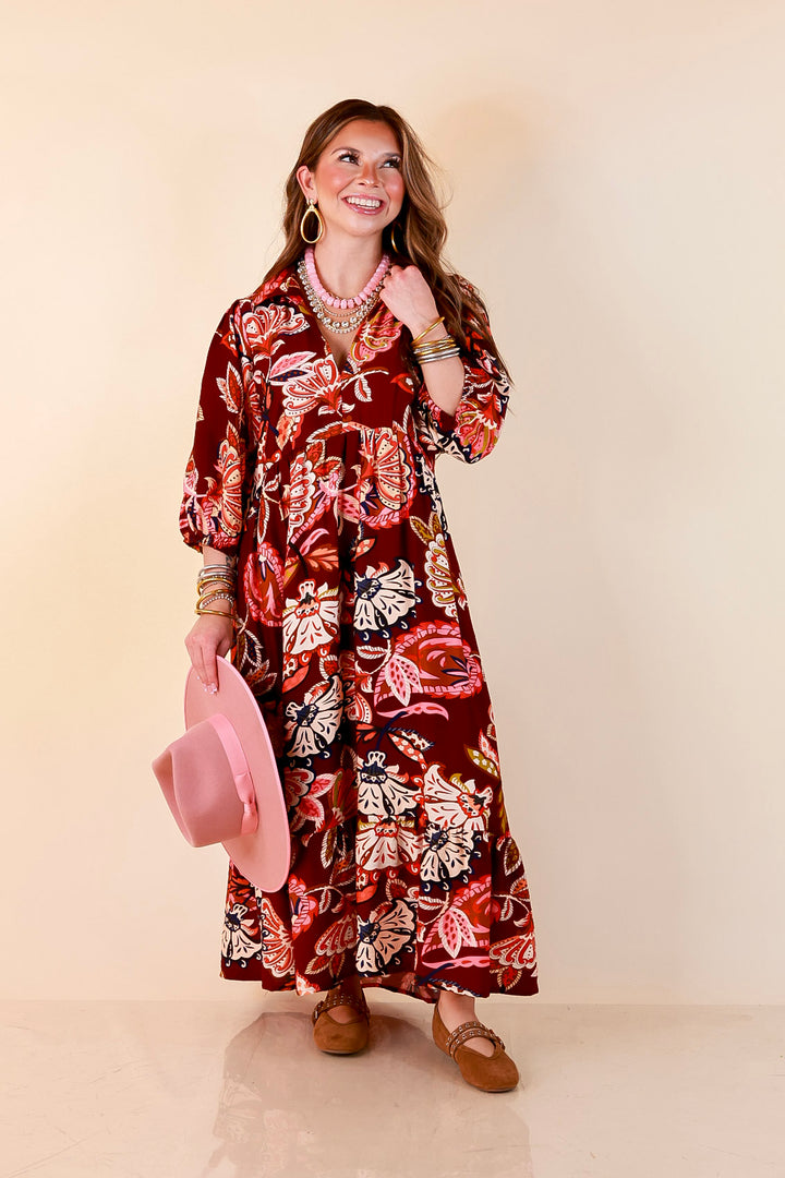 Season of Style Floral Print V Neck 3/4 Sleeve Collared Tiered Midi Dress in Maroon Multi